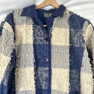 Rachel Brooke Navy Blue Cream Plaid Yarn Fringe Button Front Jacket Women's XL‎
